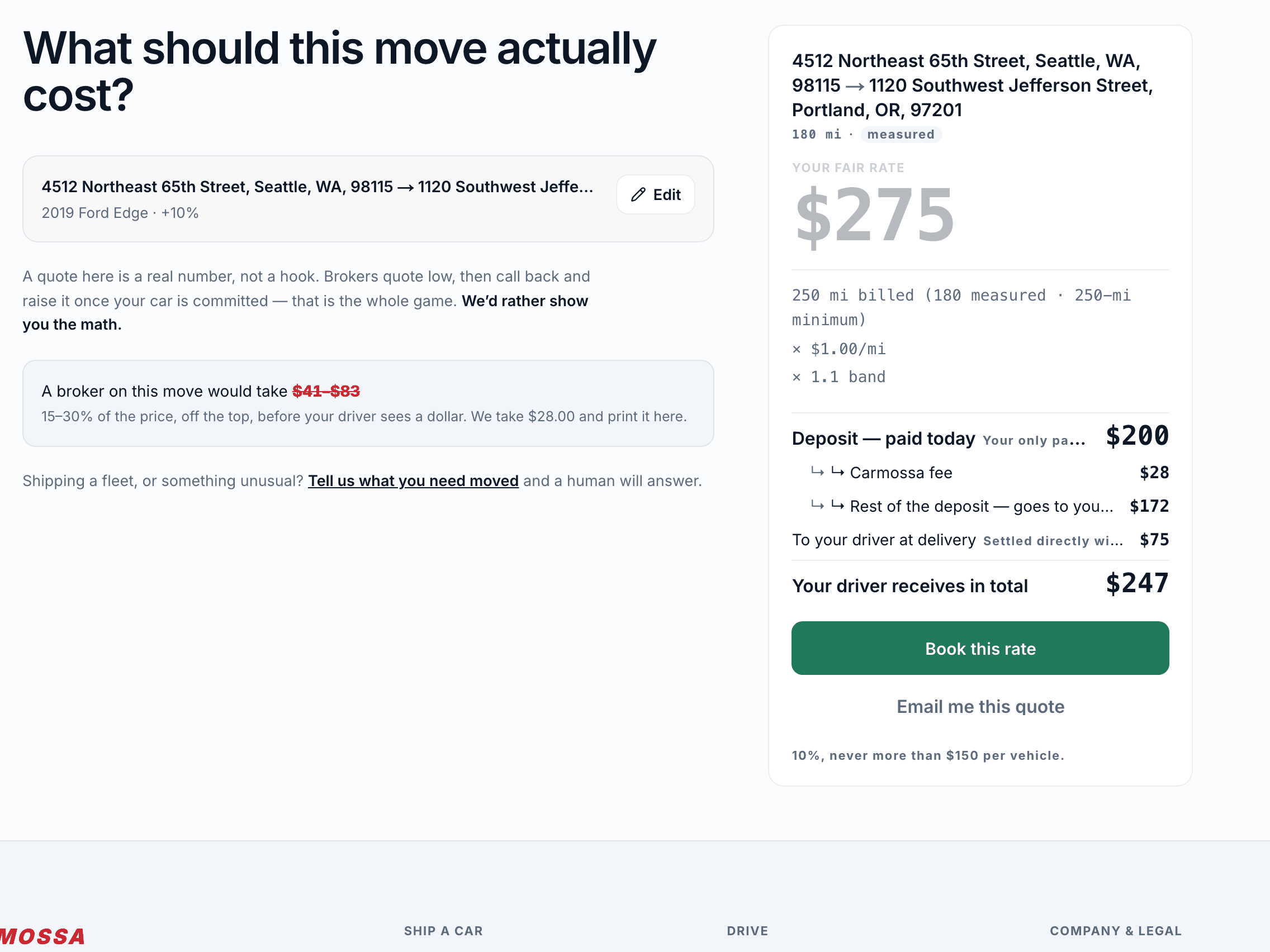 The Carmossa Fair Rate result showing the price and the fee breakdown