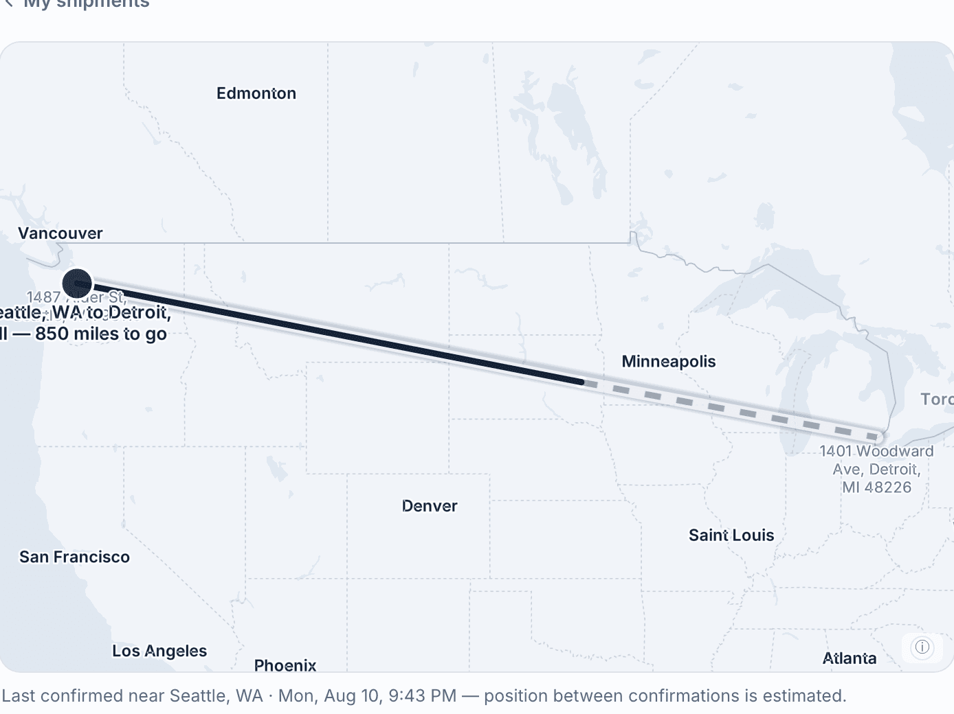 A route map from Seattle to Portland with the truck’s position on it